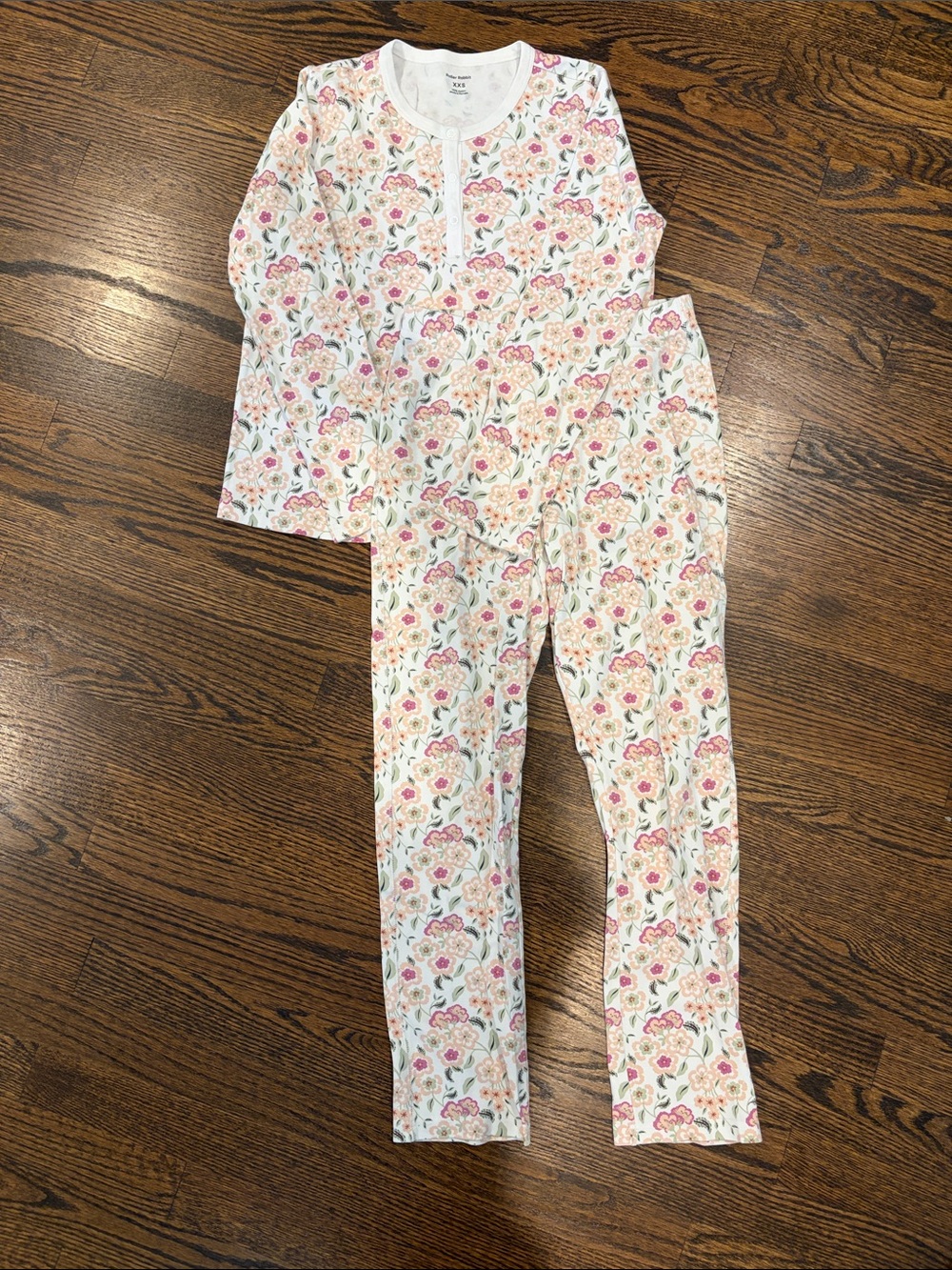 Roller Rabbit Floral Henley Pajama Set - White with Pink & Cream Flowers